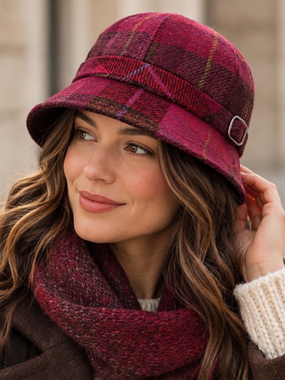 Mucros Weavers Irish Wool Tweed Flapper Hat Burgundy Red Plaid Cloche